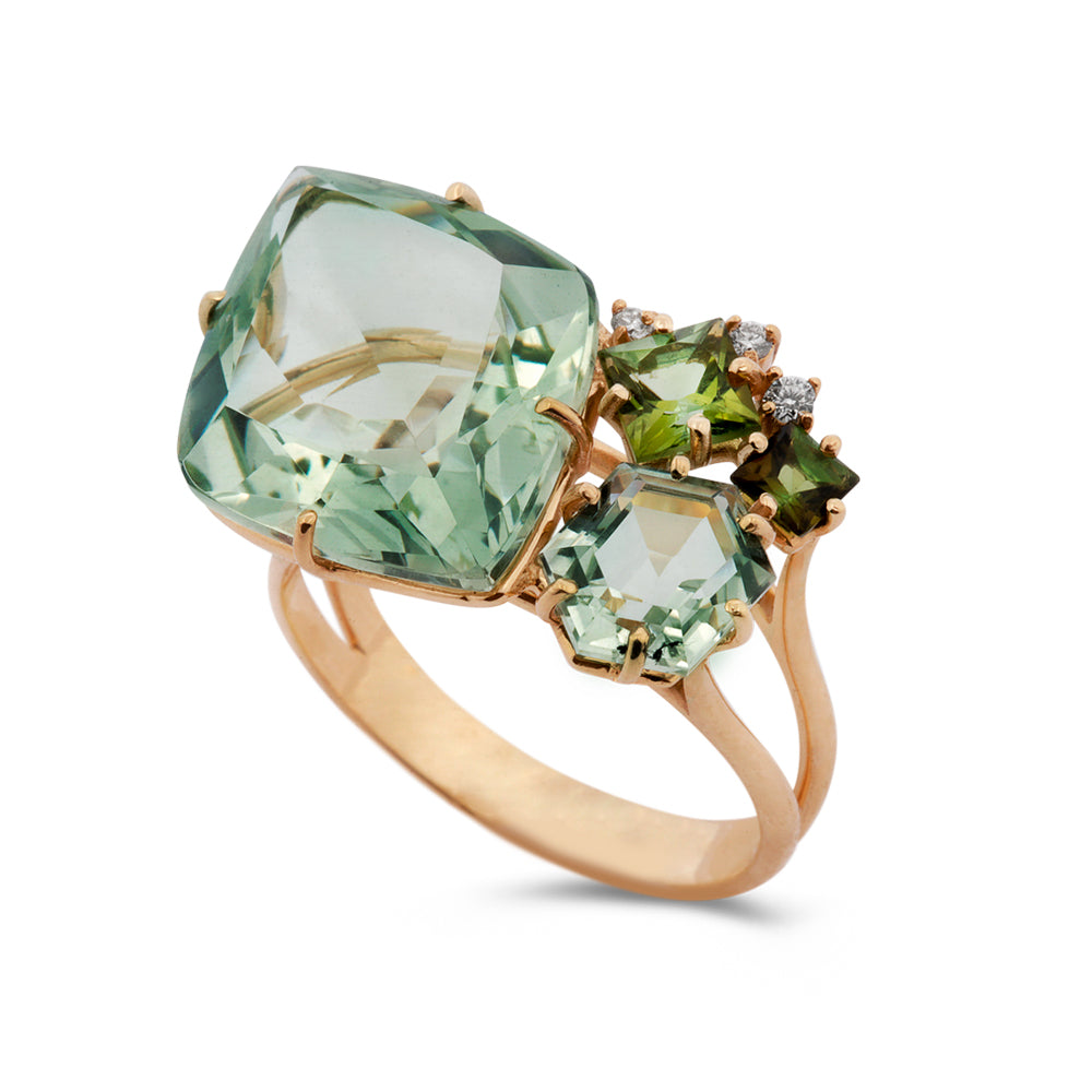 Anel Tropical em Ouro Amarelo com Prasiolita, Turmalina Verde e Diamantes