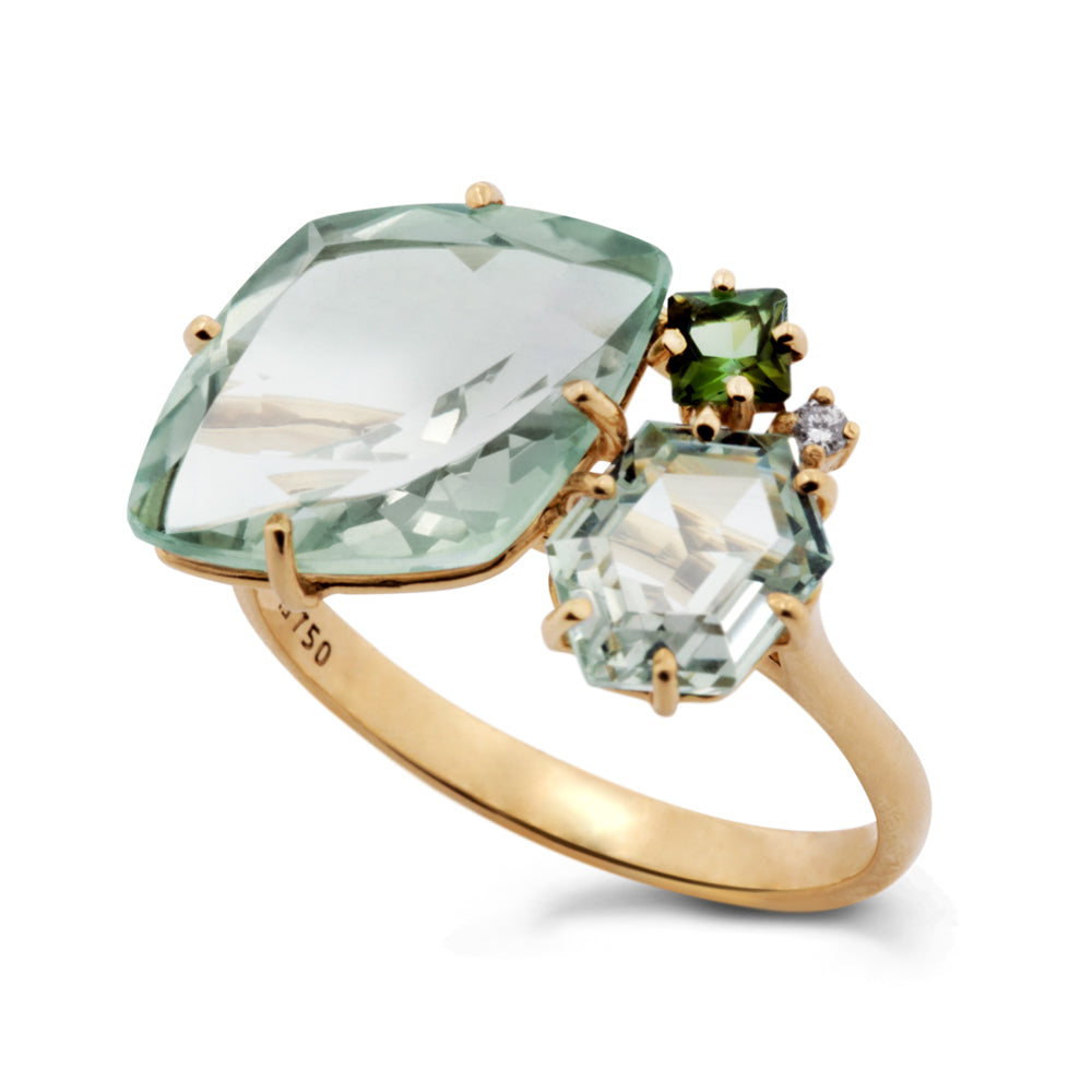 Anel Tropical em Ouro Amarelo com Prasiolita, Turmalina Verde e Diamante