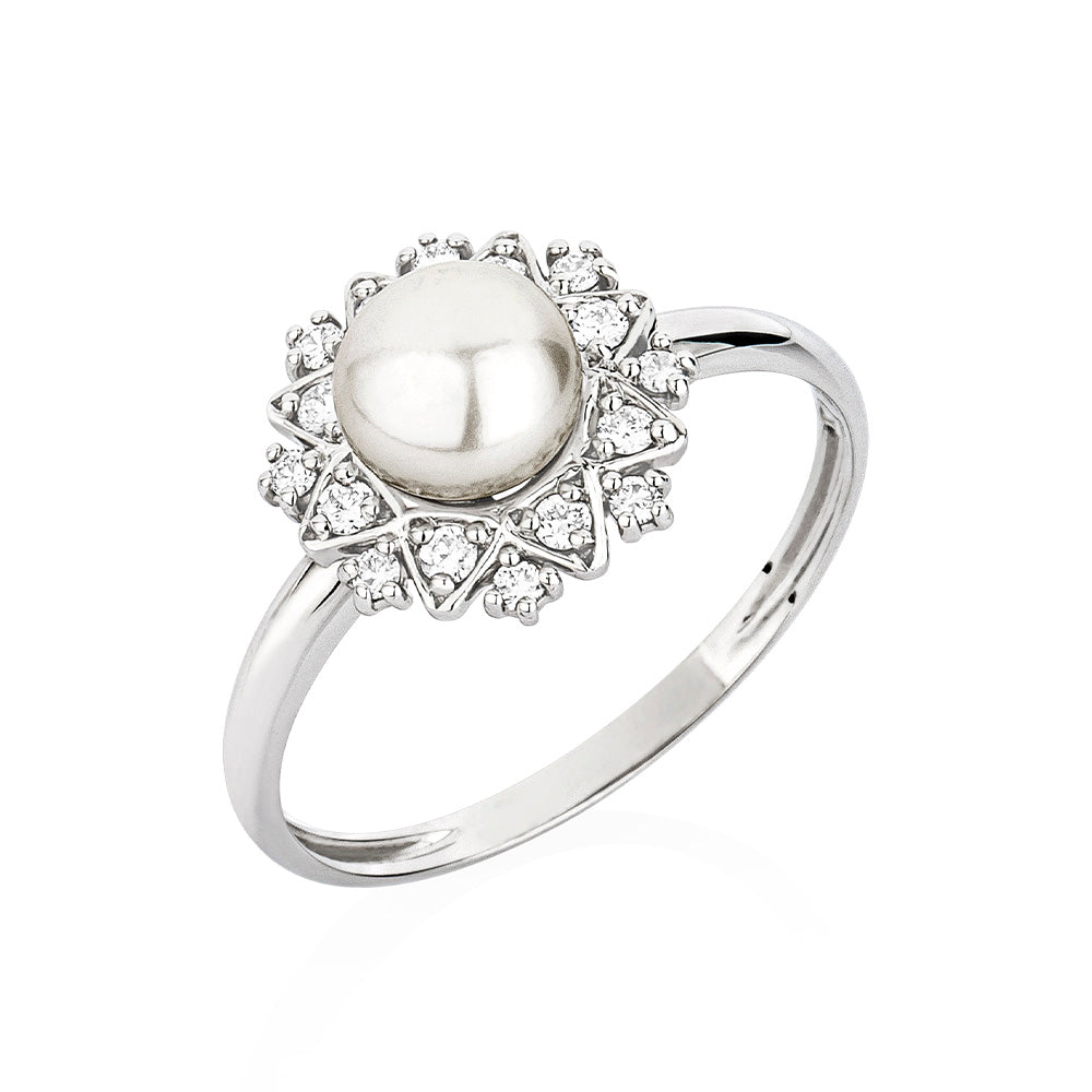 Anel Ternura em Ouro Branco com Pérola e Diamantes