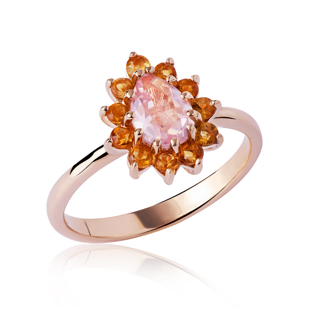 Anel Cálida em Ouro Rosê com Quartzo Rosa e Citrino
