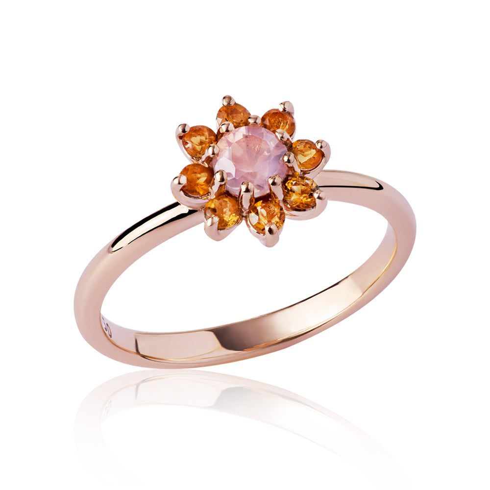 Anel Cálida em Ouro Rosê com Quartzo Rosa e Citrino