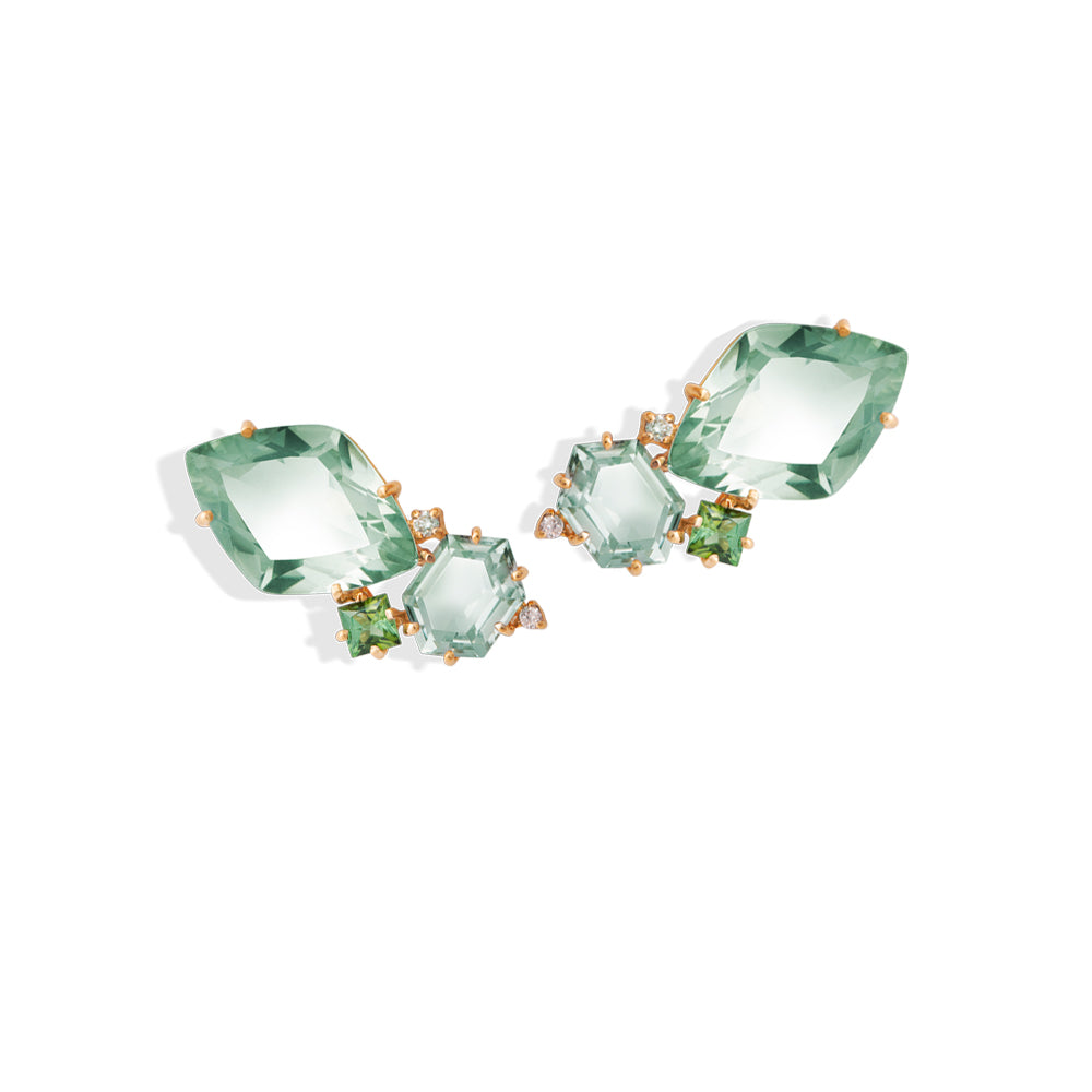 Brincos Tropical em Ouro Amarelo com Prasiolita, Turmalina Verde e Diamantes