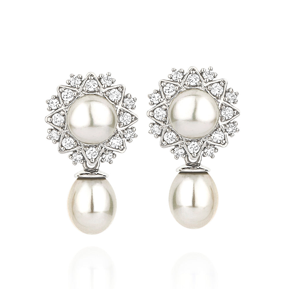 Brincos Ternura em Ouro Branco com Pérolas e Diamantes