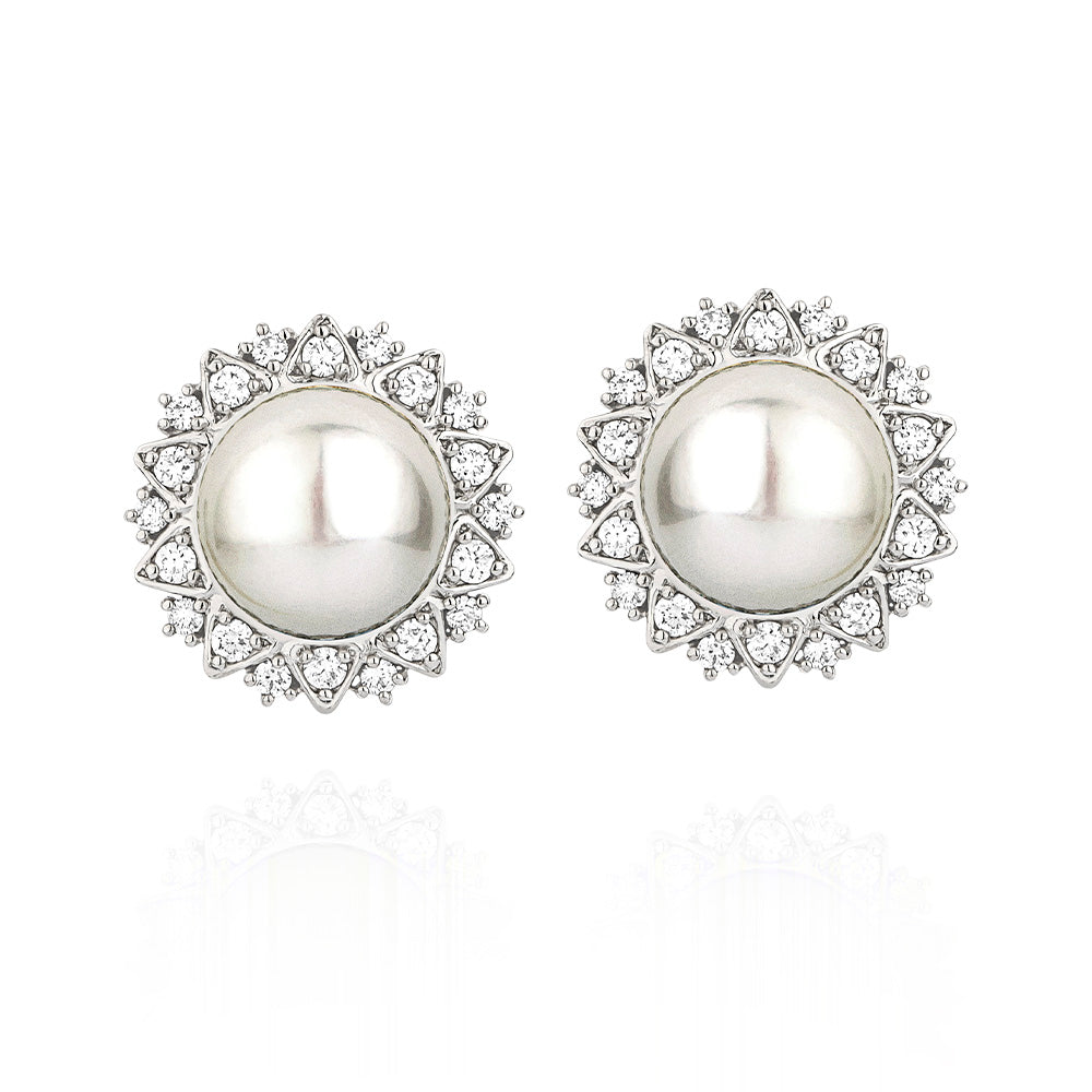 Brincos Ternura em Ouro Branco com Pérola e Diamantes