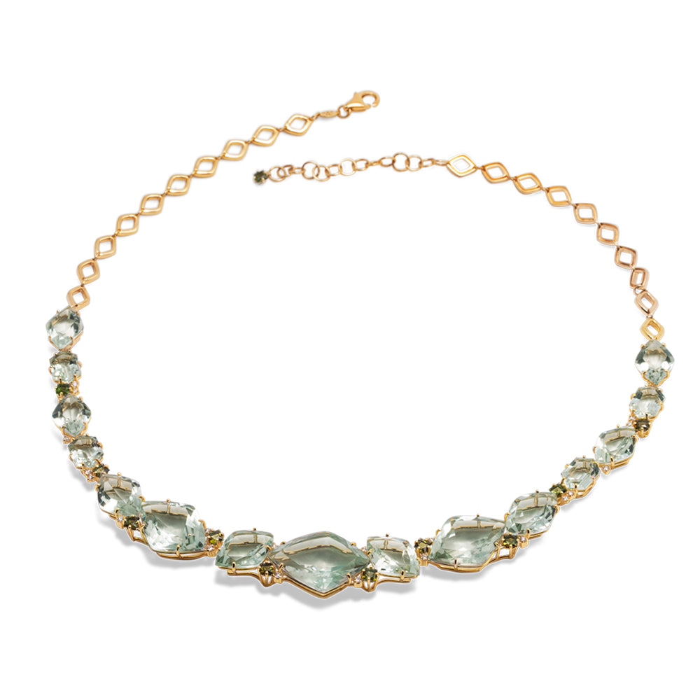 Colar Tropical em Ouro Amarelo com Prasiolita, Turmalina Verde e Diamantes