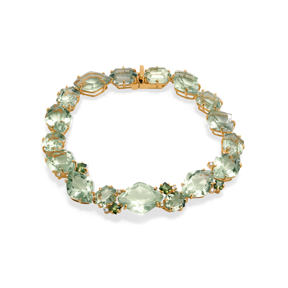 Pulseira Tropical em Ouro Amarelo com Prasiolita, Turmalina Verde e Diamantes