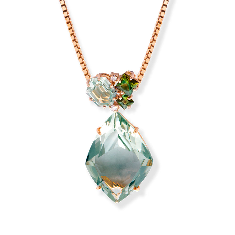 Pingente Tropical em Ouro Amarelo com Prasiolita, Turmalina Verde e Diamantes