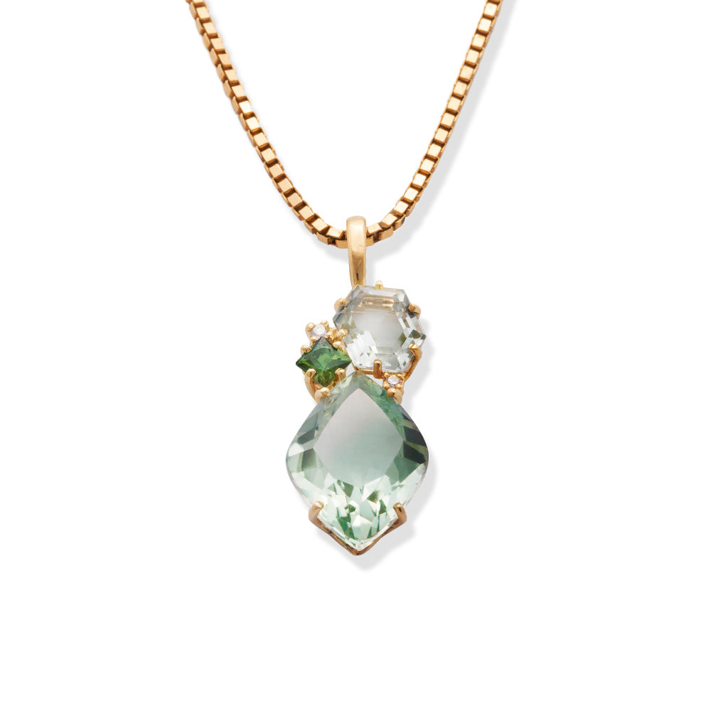 Pingente Tropical em Ouro Amarelo com Prasiolita, Turmalina Verde e Diamantes