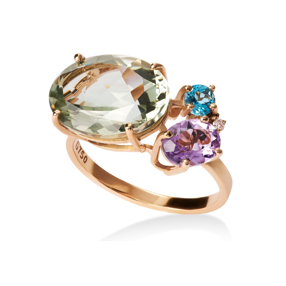 Anel Sintonia em Ouro Rosé com Ametistas, Topázios, Prasiolita e Diamante