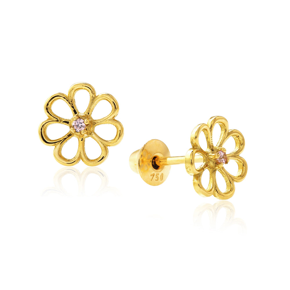 Brinco Infantil Flor em Ouro Amarelo com Safira Rosa