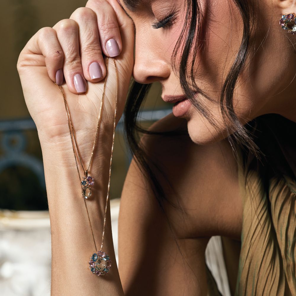 Pingente Sintonia em Ouro Rosé com Prasiolita, Ametista, Topázio e Diamante