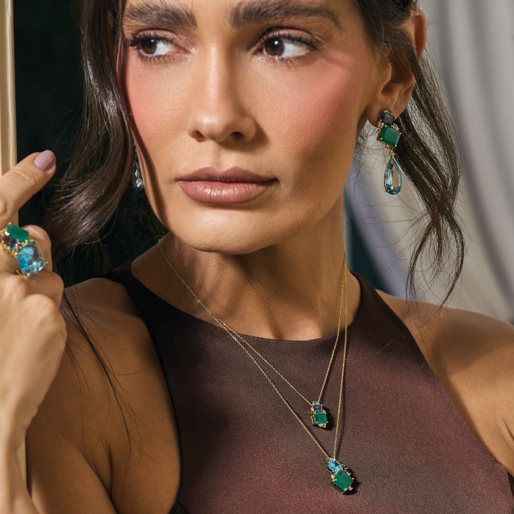 Colar Nuance em Ouro Amarelo com Iolita, Ágata Verde, Topázio e Diamantes