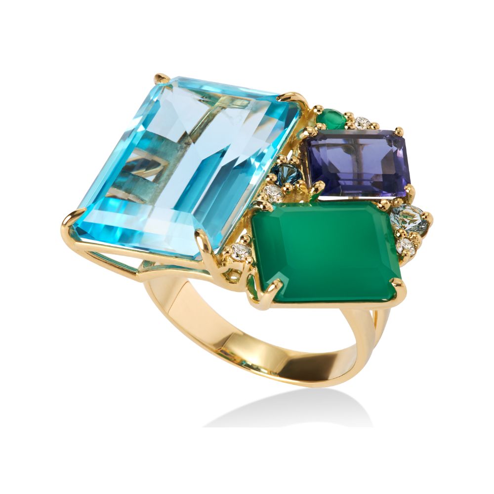 Anel Nuance em Ouro Amarelo com Iolita, Ágata Verde, Topázio Sky e Diamantes