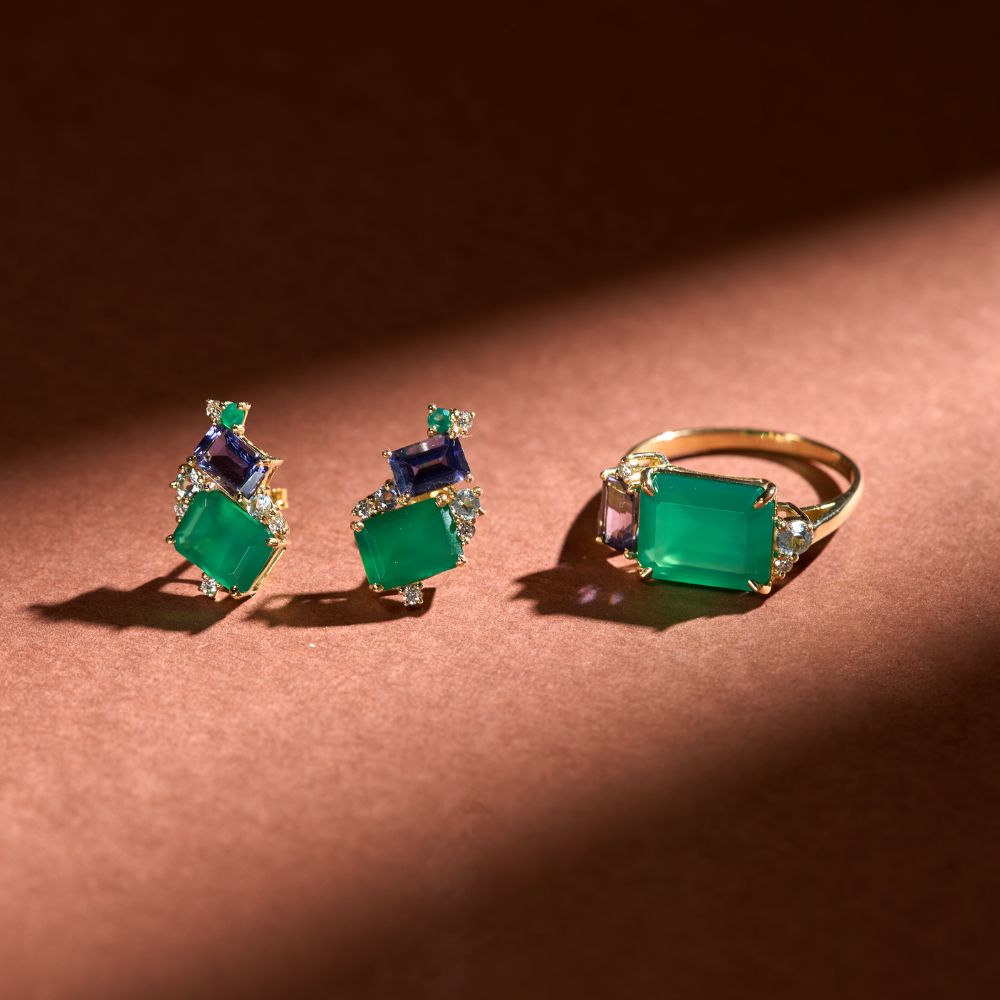 Anel Nuance em Ouro Amarelo com Iolita, Ágata Verde, Topázio Sky e Diamante