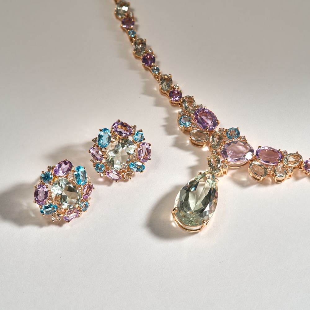 Brincos Sintonia em Ouro Rosé com Ametistas, Topázios, Prasiolita e Diamantes