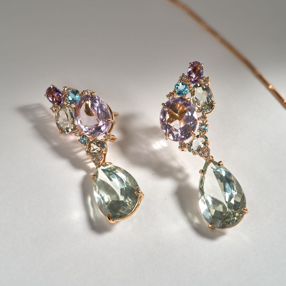 Brincos Sintonia em Ouro Rosé com Prasiolitas, Ametistas, Topázios e Diamantes
