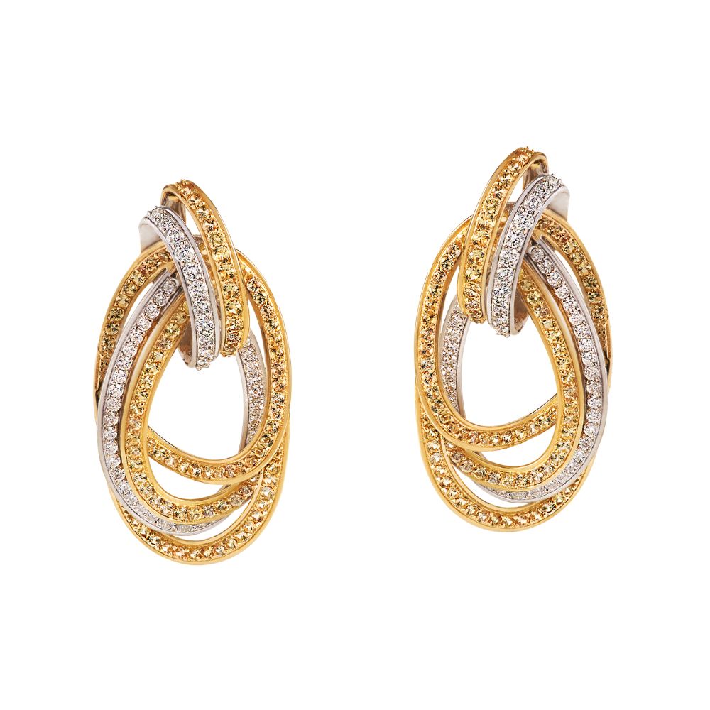 Brincos Dualis em Ouro Amarelo e Ouro Branco com Safiras Amarelas e Diamantes