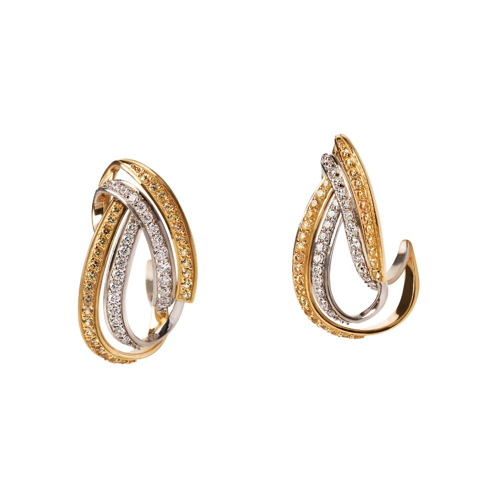 Brincos Dualis em Ouro Amarelo e Ouro Branco com Safiras Amarelas e Diamantes