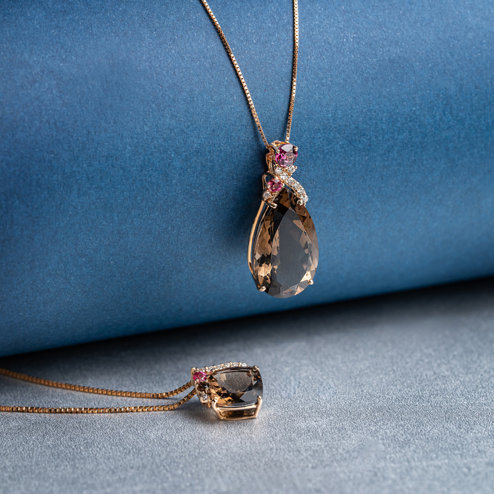 Pingente Antique em Ouro Rosé, Quartzo Fumê, Turmalina Rosa e Diamante