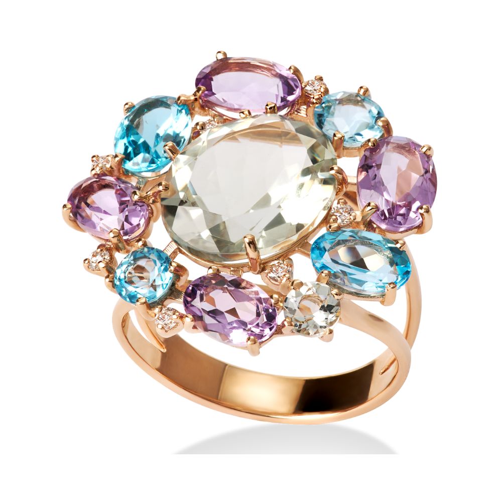 Anel Sintonia em Ouro Rosé com Ametistas, Topázios, Prasiolita e Diamantes