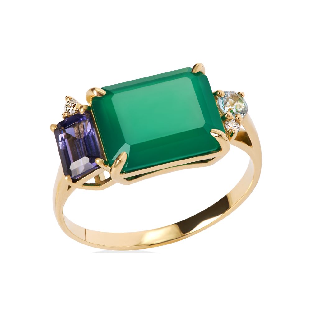 Anel Nuance em Ouro Amarelo com Iolita, Ágata Verde, Topázio Sky e Diamante