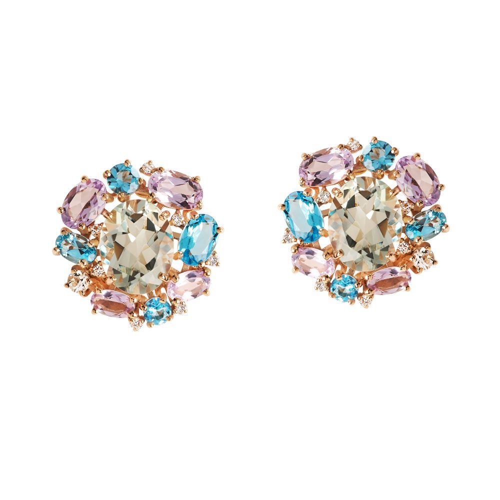 Brincos Sintonia em Ouro Rosé com Ametistas, Topázios, Prasiolita e Diamantes