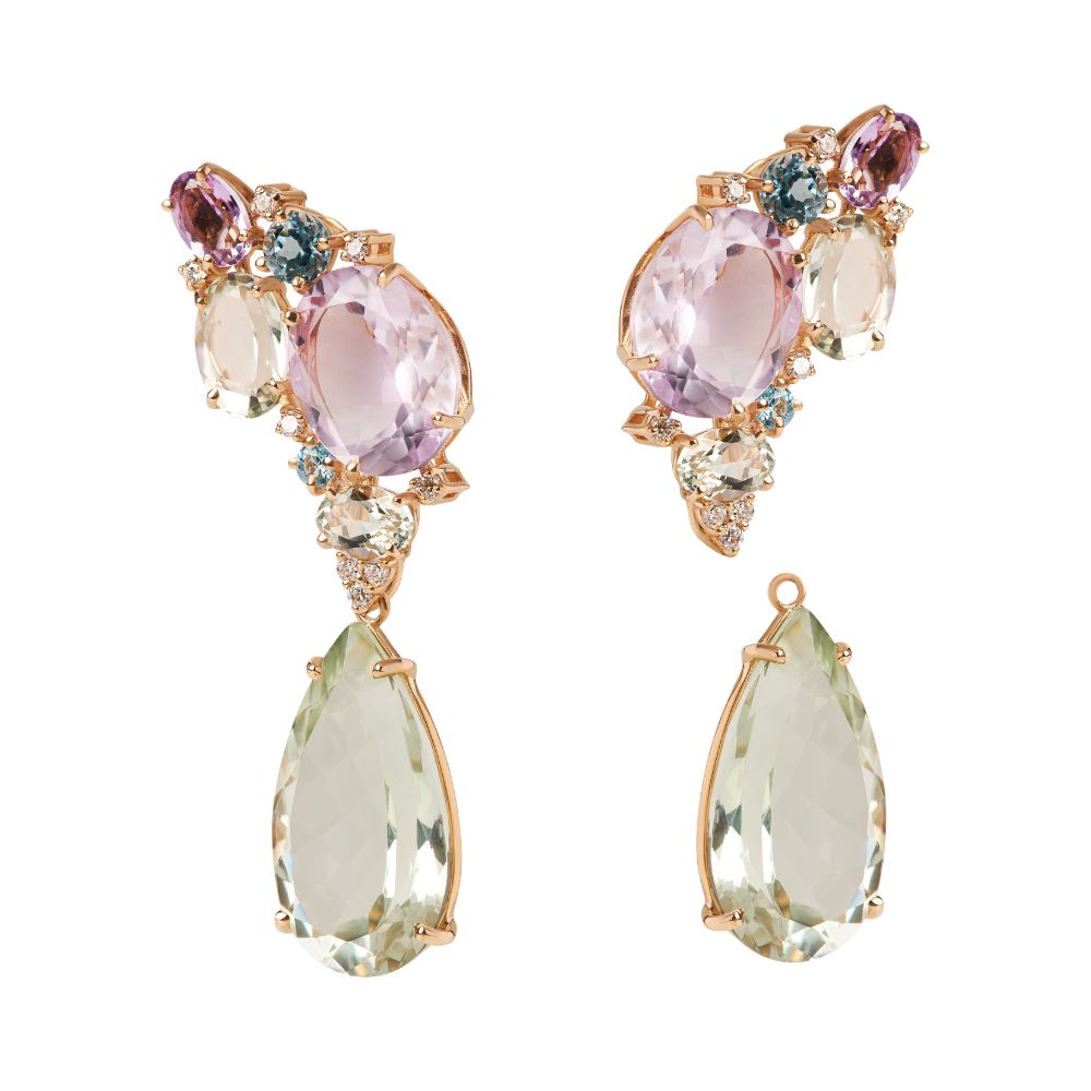 Brincos Sintonia em Ouro Rosé com Prasiolitas, Ametistas, Topázios e Diamantes