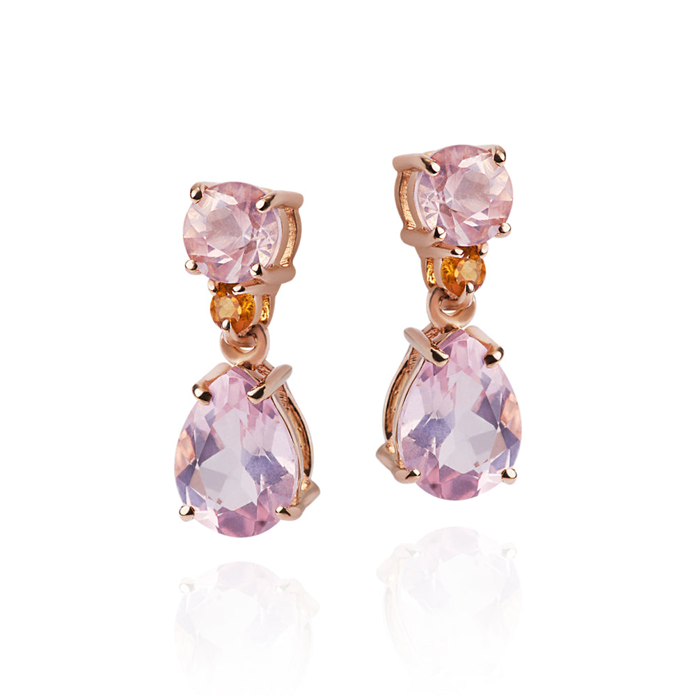 Brinco Cálida em Ouro Rosê com Quartzo Rosa e Citrino