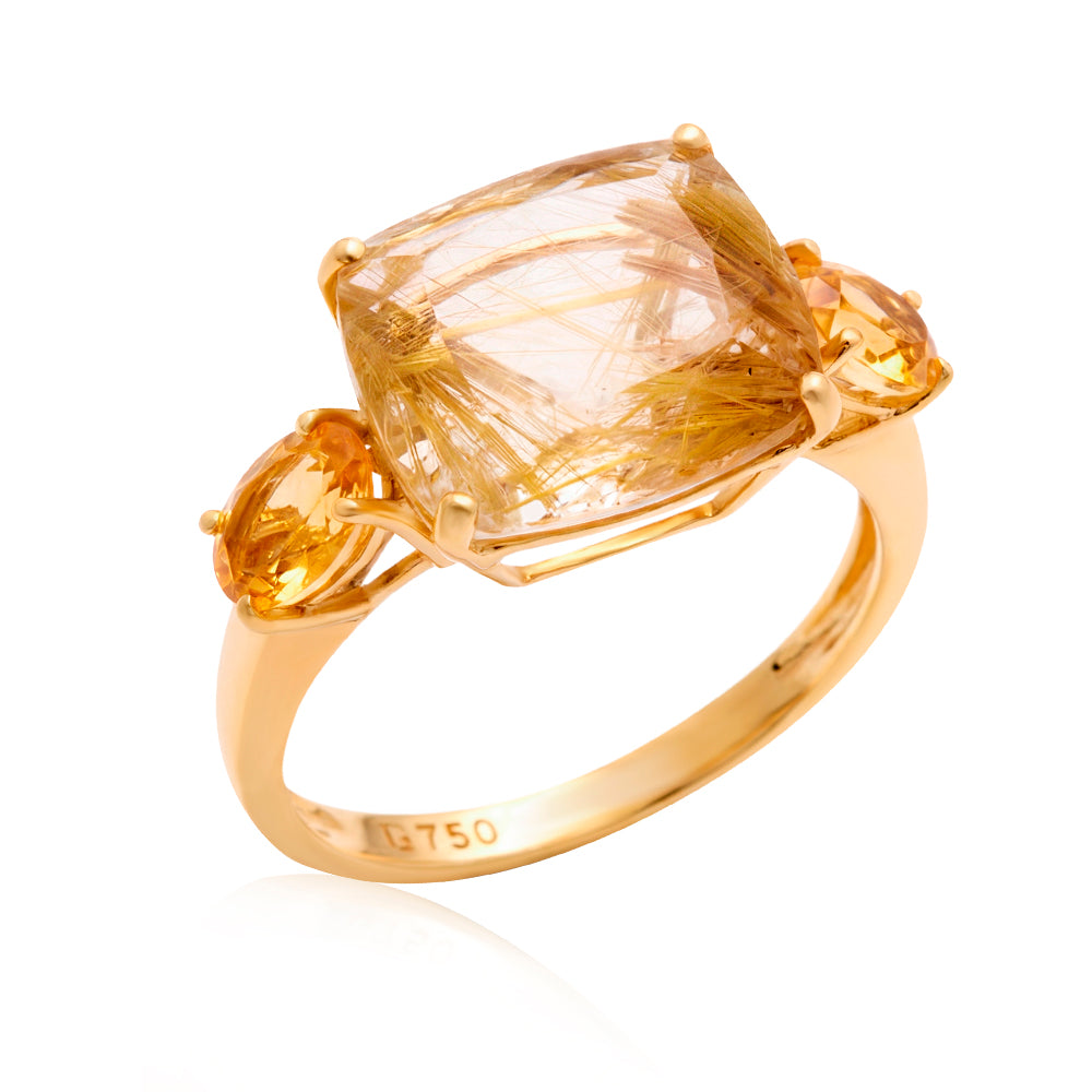 Anel Solis em Ouro Amarelo com Quartzo Rutilado e Citrino Amarelo