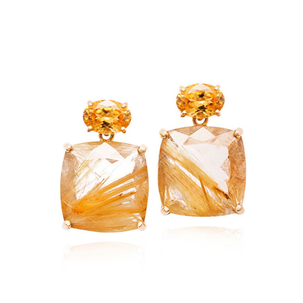 Brincos Solis em Ouro Amarelo com Quartzo Rutilado e Citrino Amarelo
