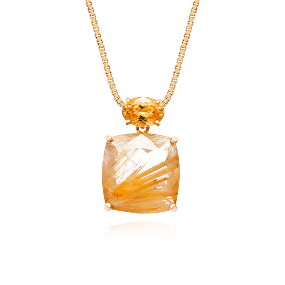 Pingente Solis em Ouro Amarelo com Quartzo Rutilado e Citrino Amarelo