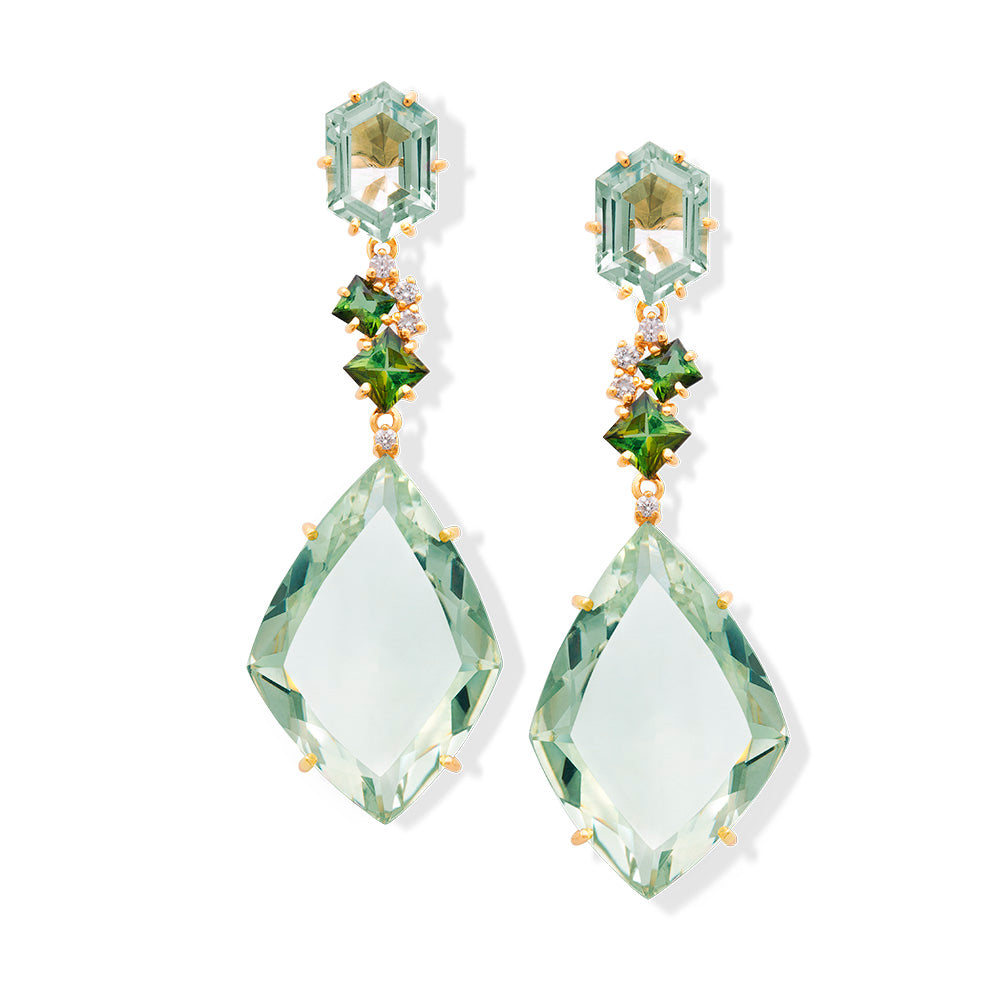 Brincos Tropical em Ouro Amarelo com Prasiolita, Turmalina Verde e Diamantes