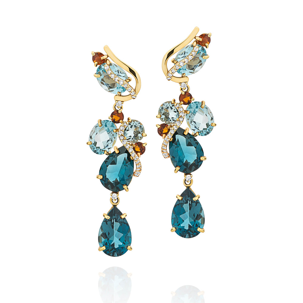 Brinco em Ouro Amarelo com Topázios Azuis, Diamantes e Citrino - Coleção Arara Azul